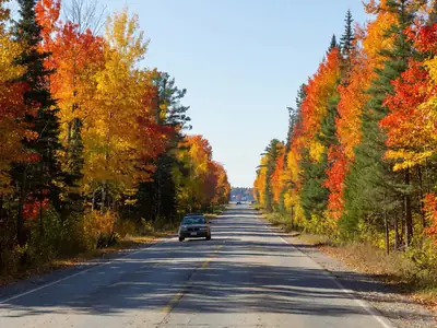 A car driving along a two-lane highway through northern forest towards a distant town.