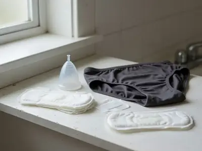 A reusable menstrual cup, period underwear and a few plain pads on a bathroom shelf.