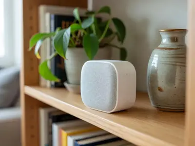 A small white mesh Wi-Fi pod on a bookshelf next to a plant and a ceramic vase.