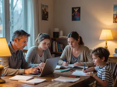 A family of four each working on laptops and homework at a long dining table.