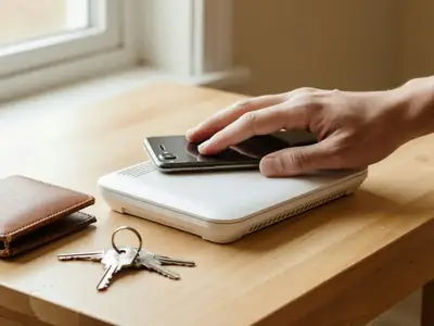 A hand holding a smartphone face down on top of a plain white router on a hall table.