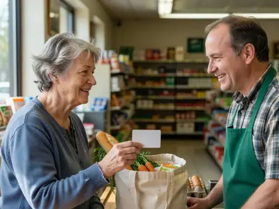 An older woman paying at a neighbourhood grocery checkout with a blank card, chatting with the cashier.