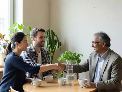 A young couple shaking hands with a mortgage broker in a small bright office.