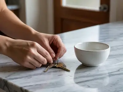 Close-up of hands placing a set of house keys on a kitchen counter beside a small plain ceramic bowl.