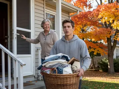 A young adult carrying a laundry basket of belongings up the front steps while his mother holds the door open, smiling.
