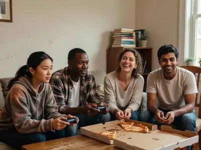 Friends gathered around a coffee table playing a video game and eating pizza.