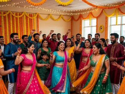 Guests in colourful traditional South Asian outfits dancing at a lively mehndi night.