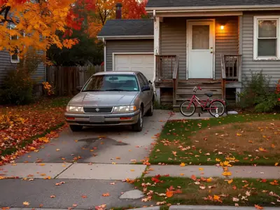 A family car parked in front of a home with a porch light on and a child's bike on the porch.
