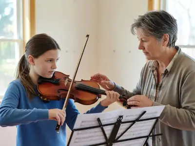 A girl taking a violin lesson with her teacher in a sunlit room.