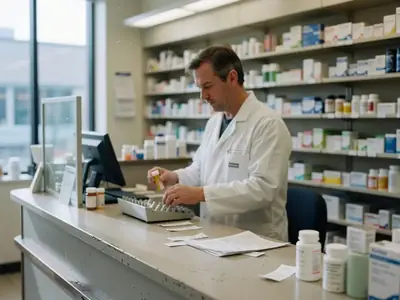 A pharmacy prescription counter with a pharmacist preparing medication in the background.