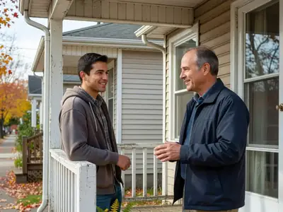 A young man and his landlord talking politely on the front porch of a duplex.