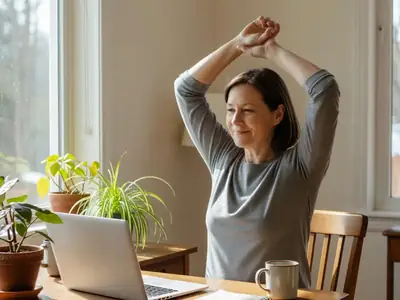 A woman in a home office on a video break, stretching by the window with a mug.