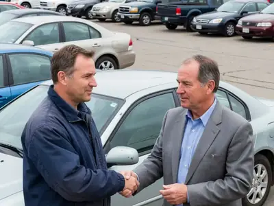 A buyer and a used car salesman standing beside a car on a lot, the buyer shaking his head politely.