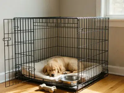 A new puppy crate set up with a bed, a water bowl and a chew toy in a living room corner.