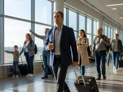 A business traveller striding through an airport terminal with a carry-on and a coffee.