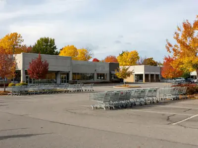 A suburban strip-mall parking lot with several supermarkets side by side, shoppers' carts in the corrals.