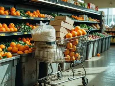 A cart of groceries left beside the produce bins in a discount grocery aisle.