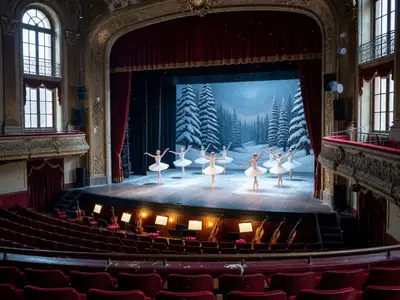 A ballet stage in a historic theatre with dancers in a snow-scene ballet performance under blue and white light.