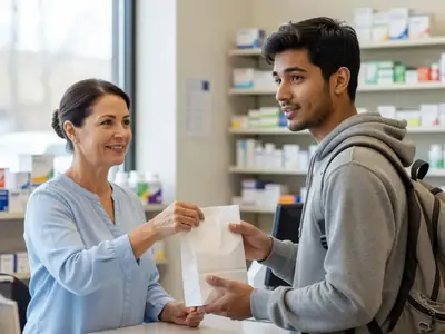 A pharmacist handing a prescription bag to a university student.