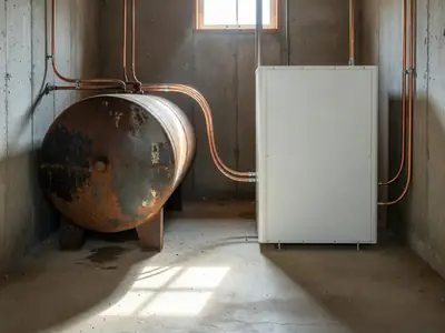 An old oil tank in a basement beside a newly installed heat pump air handler.