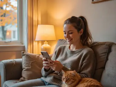 A young woman on a sofa with her cat, paying a bill on her phone and smiling.