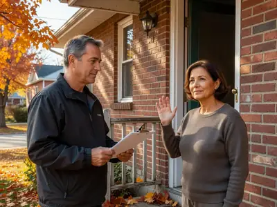 A door-to-door energy salesman on a front porch with a homeowner politely declining with a raised hand.