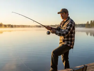 A man casting a fishing line from a dock on a calm lake at sunrise.
