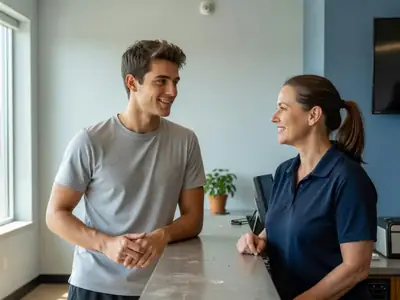 A young man at a gym front desk talking politely with a staff member.