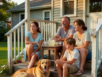 A family sitting together on the front porch on a hot summer evening instead of running the air conditioner.