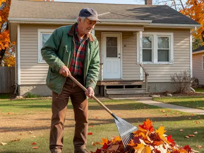 An older homeowner raking leaves on the front lawn of his detached house.
