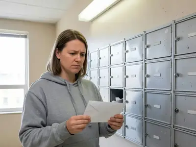 A woman opening her apartment mailbox in a building lobby and looking at a plain envelope with a frown.