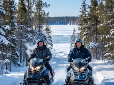 Two snowmobilers in helmets with visors up riding along a groomed trail through a snowy forest.