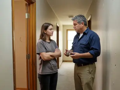 A young female tenant talking to a building superintendent at her apartment door, arms crossed and calm.