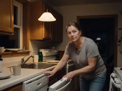 A woman starting the dishwasher late at night in a dark kitchen lit by a single pendant lamp.