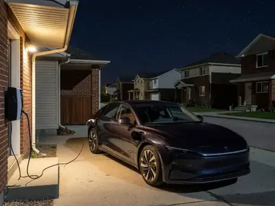 An electric car charging in a home driveway at night under a porch light.
