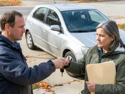 Two people standing beside a used hatchback in a driveway, the seller handing over car keys.