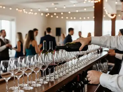 A wedding reception bar seen from the side with long rows of clean wine glasses and a bartender in a white shirt pouring red wine from a dark unlabeled bottle.