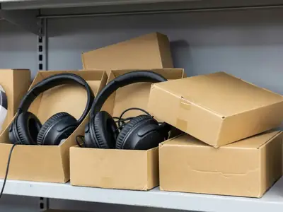 A clearance shelf of open-box headphones, a tablet and a speaker in resealed plain boxes.