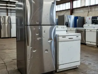 A dented stainless refrigerator and a scuffed dishwasher in a scratch-and-dent appliance warehouse.