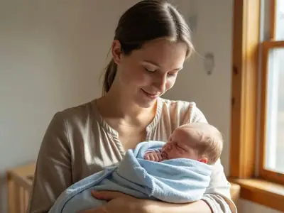 A young mother holding her newborn baby by a sunny window, gently smiling down at the baby.