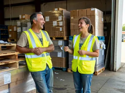 A warehouse worker in a high-visibility vest chatting with a coworker during a break, both laughing.