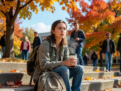 An Ontario college student sitting on campus steps with a coffee, looking thoughtful.
