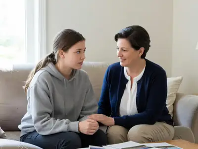 A high school senior and her mother sitting on a sofa discussing college choices.