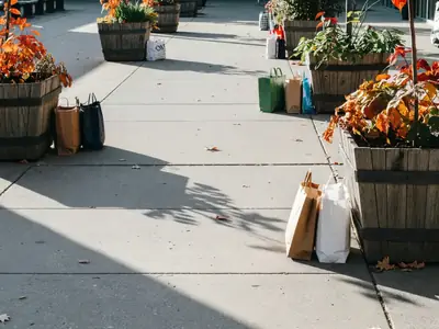 An open-air outlet mall walkway with shoppers carrying bags.