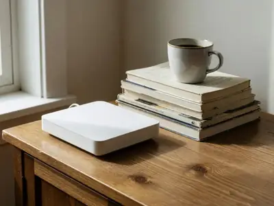 A plain white router beside a stack of books and a coffee cup on a wooden sideboard.
