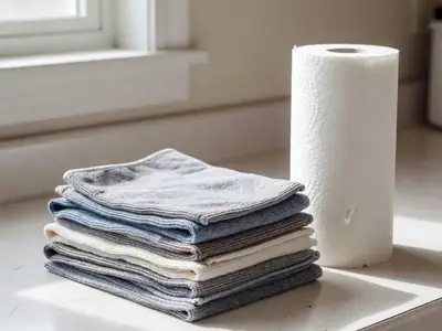 A stack of folded microfibre cloths beside a single roll of paper towel on a kitchen counter.