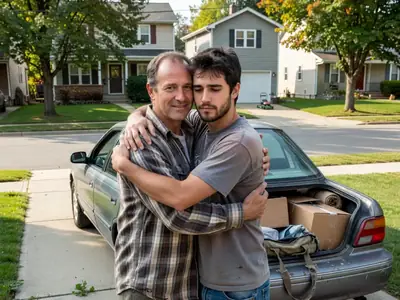 A father hugging his adult son goodbye beside a car packed for university.