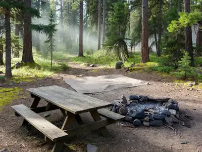 An empty forested campsite with a picnic table, a fire pit and a tent pad.
