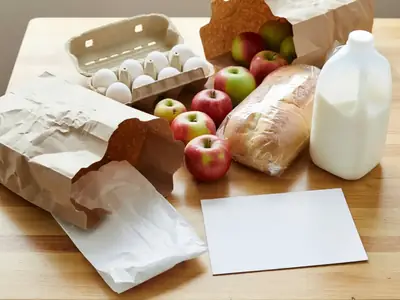 A kitchen table with grocery bags just unpacked: a carton of eggs, apples, a loaf of bread and a jug of milk.
