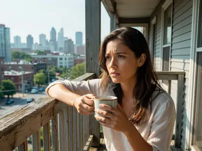 A woman in her late twenties sitting on her apartment balcony with a coffee, looking thoughtful as she weighs a decision.